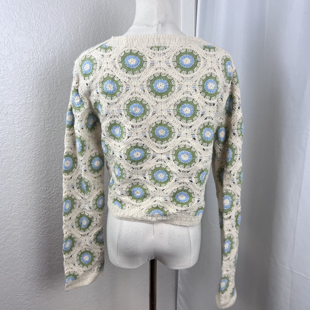 Y2K Granny Square Sweater Womens OS Cream Semi Crop Cardigan Boho Cottagecore - Picture 4 of 9